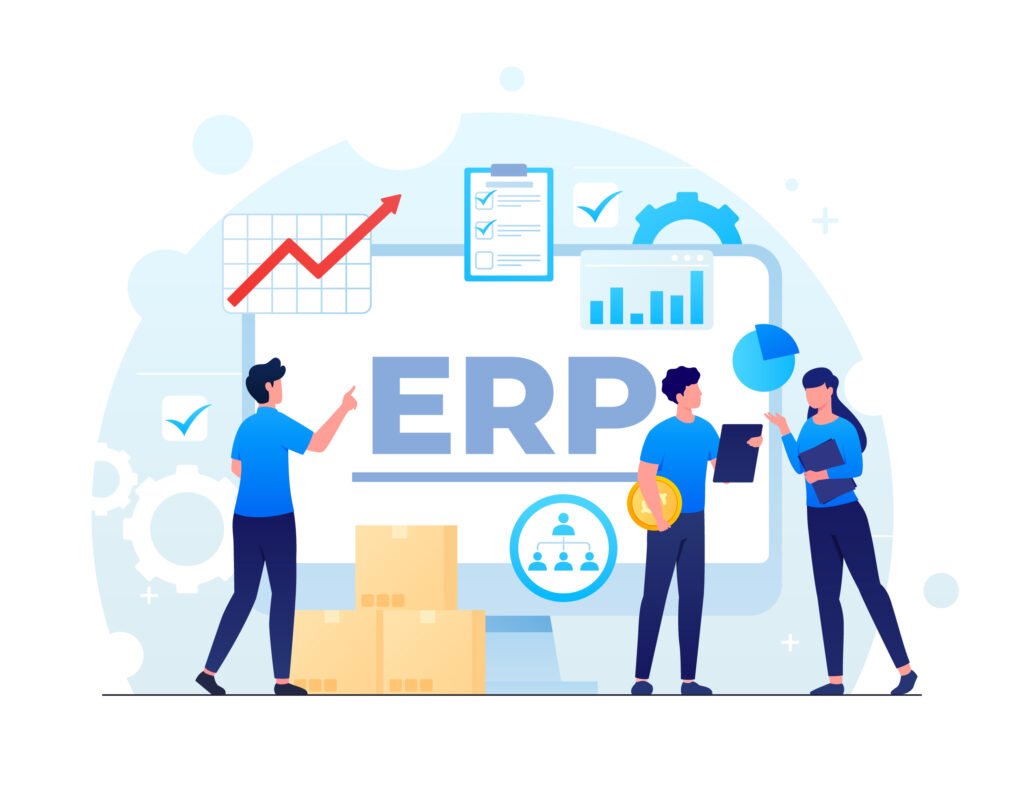Desenho de pessoas trabalhando com a Logo ERP de fundo